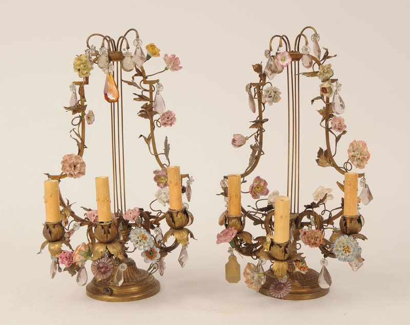 Pair of Louis XVI Style Gilt-Metal Lyre-Back Three-Light Candelabra with Porcelain Flowers