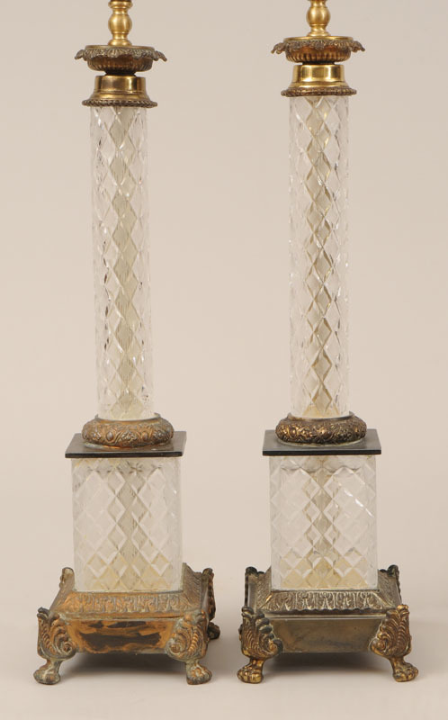 Pair of Charles X Style Gilt-Metal Mounted Cut-Glass Column-Form Lamps