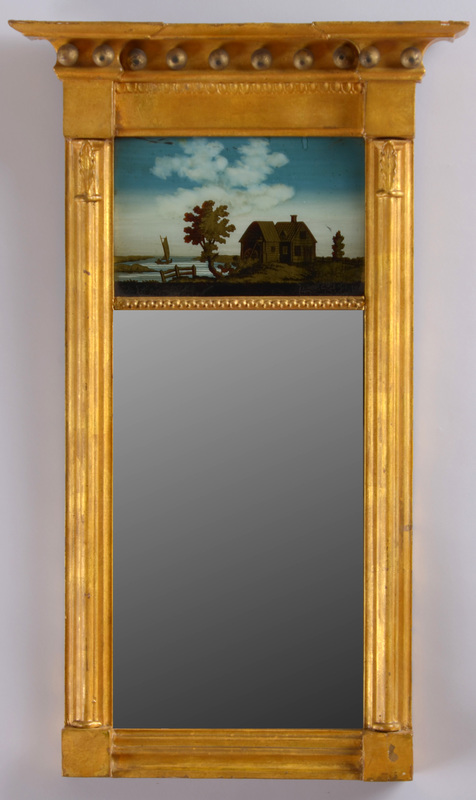 Federal Style Carved Giltwood Pier Mirror with Eglomise Tablet and Ball Cornice