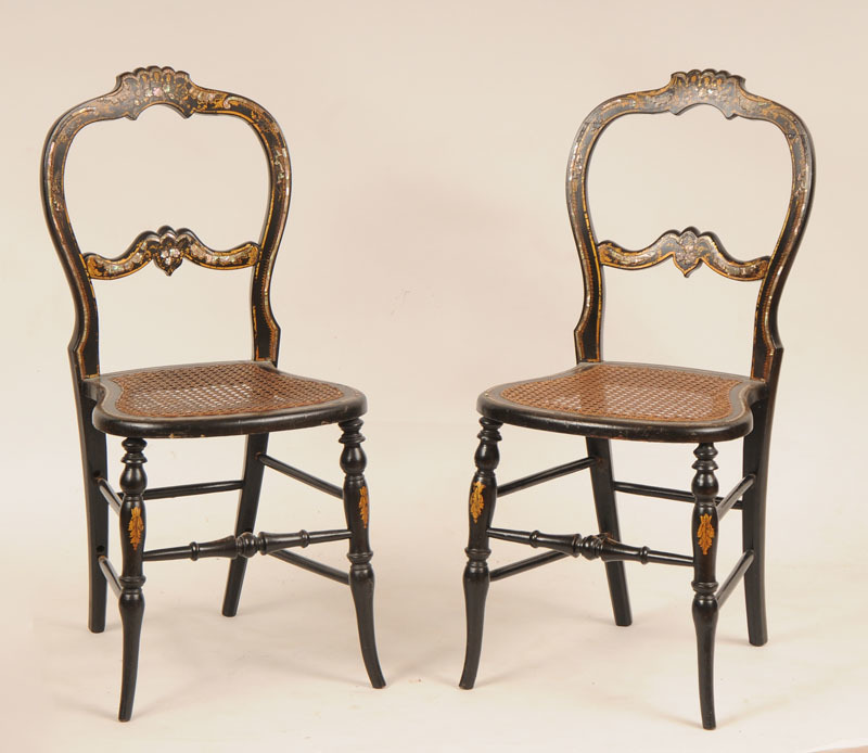 Pair of Victorian Mother-of-Pearl Inlaid Black Lacquer Side Chairs