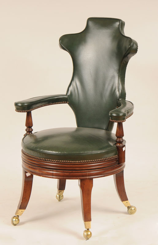 Regency Style Green Leather Upholstered Swivel Desk Chair, Smith and Watson