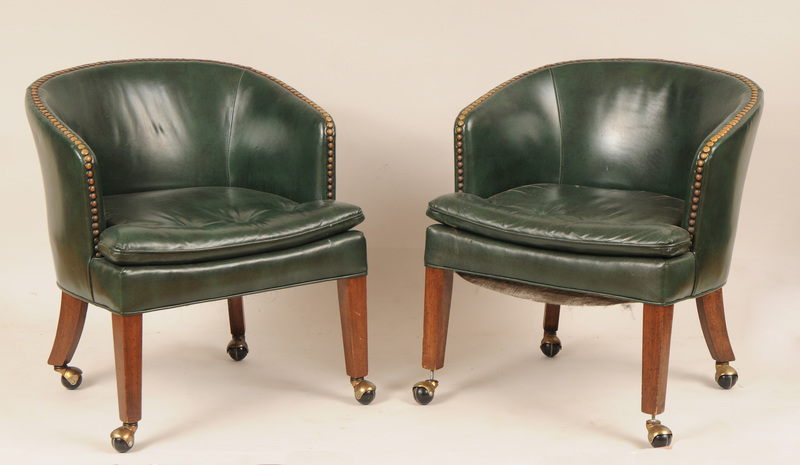 Pair of George III Style Green Leather Upholstered Mahogany Tub-Back Armchairs