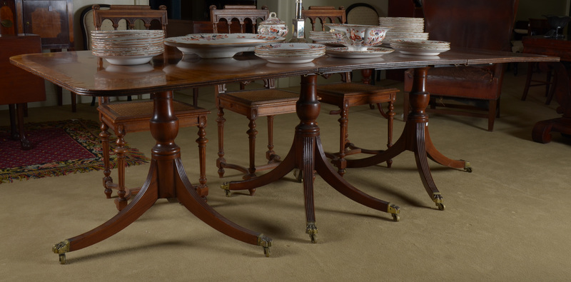 George III Style Mahogany and Fruitwood Banded Three-Pedestal Dining Table