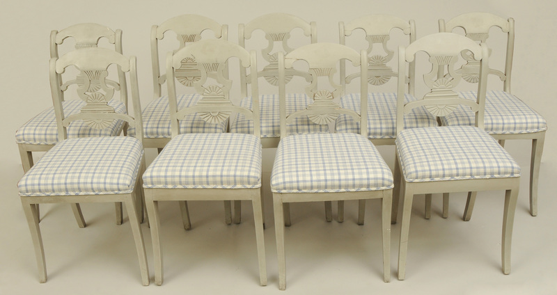 Set of Ten Grey Painted Swedish Neoclassical Style Dining Chairs
