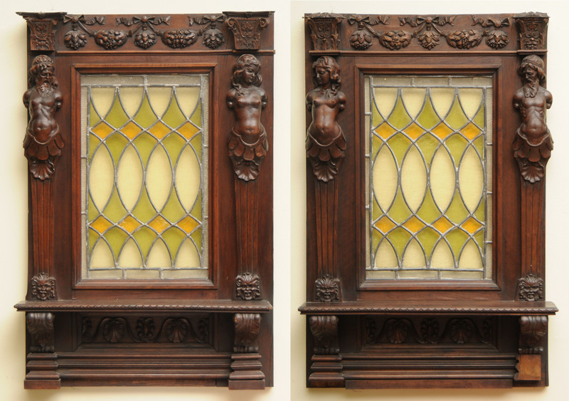 Pair of Renaissance Revival Carved Walnut and Leaded Glass Panels