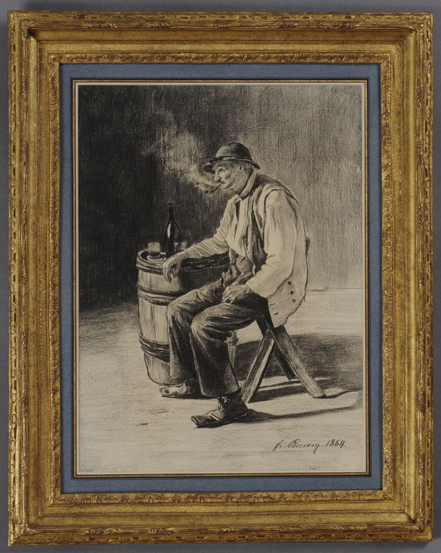 FRANCOIS BONVIN (1817-1887): SEATED MAN LEANING ON A BARREL AND SMOKING A PIPE