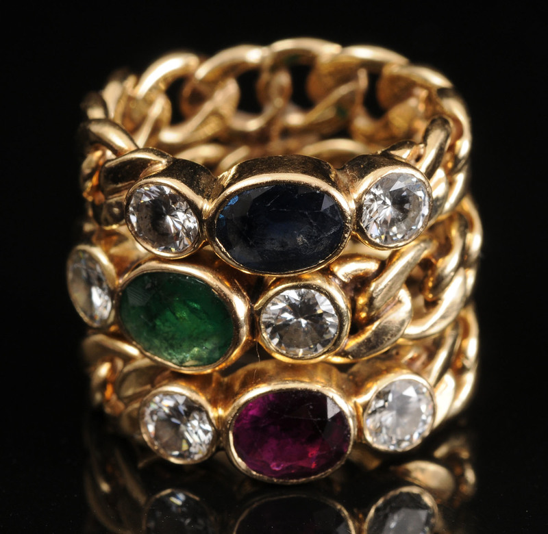 GOLD, COLORED STONE AND DIAMOND RING