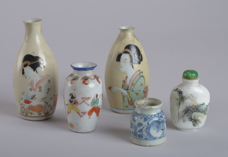 Two Japanese Porcelain Sake Bottles, on a Chinese Scent Bottle with Mountain Landscape, a Blue and White Pot, and a Small Vase with...