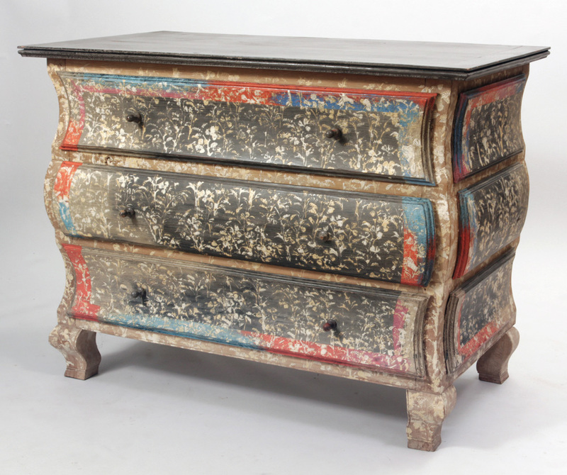 French Floral-Painted Oak Three-Drawer Bombé Commode