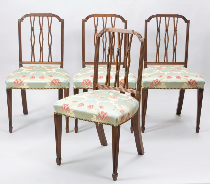 Set of Four George III Style Carved and Inlaid Mahogany Pierced Stick-Back Side Chairs