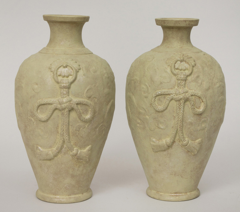 Pair of Chinese Pale Green-Painted Pottery Vases, Mounted for Lamps