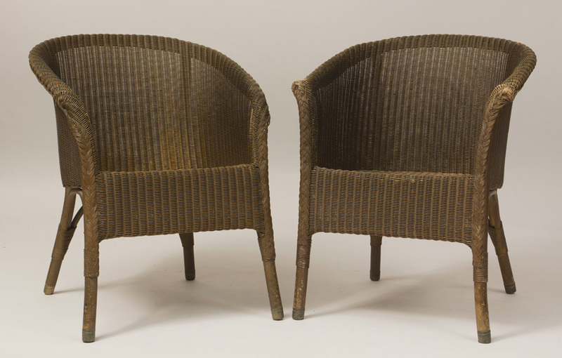 Pair of Brown-Stained Wicker Low Tub-Back Armchairs