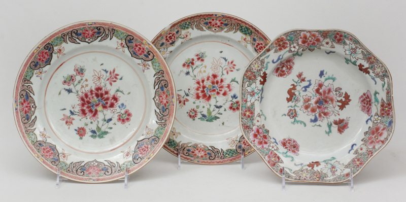 Pair of Chinese Export Porcelain Famille Rose Plates and a Single Octagonal Plate