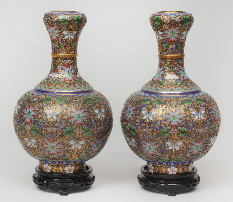 Pair of Modern Chinese Gilt-Ground Champlevé Enamel Vases