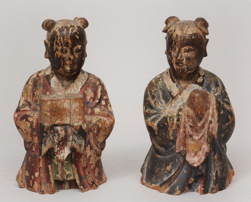 Pair of Chinese Carved and Painted Wood Half-Length Figures of Mourners