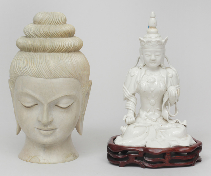 Modern Chinese Blanc de Chine Porcelain Figure of the Seated Buddha and a Carved Marble Buddha Head