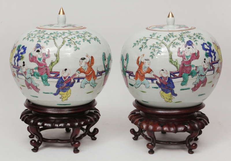 Pair of Modern Chinese Porcelain Famille Rose Spherical Jars and Covers