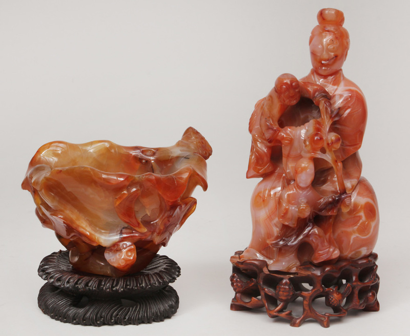 Chinese Carved Agate Figural Group and a Lotus Vine Carved Agate Bowl
