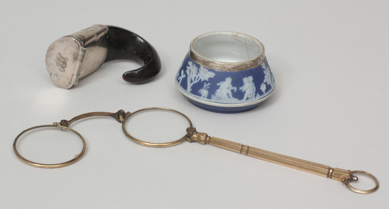 English Silver-Mounted Horn Snuff Mull, English Silver-Mounted Wedgwood Jasperware Salt and a Gold-Plated Lorgnette