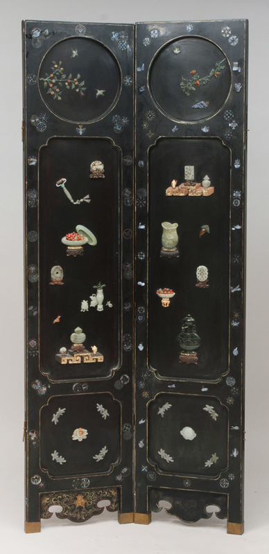 Pair of Chinese Black Lacquer and Mother-of-Pearl, Hardstone and Jade and Coral-Mounted Panels