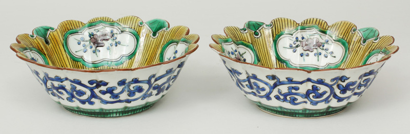 Pair of Japanese Polychrome Porcelain Scalloped Bowls, Ko-Kutani, Circa 1860