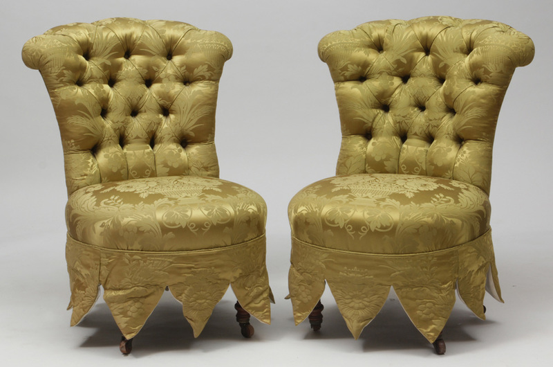 Pair of Victorian Style Mahogany and Tufted Damask Slipper Chairs