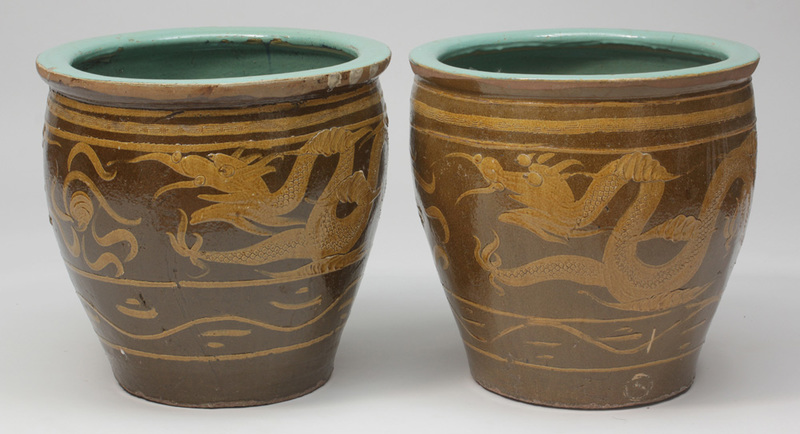 Two Similar Chinese Brown Glazed Terracotta Planters