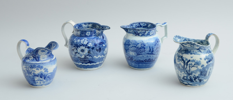 GROUP OF FOUR STAFFORDSHIRE BLUE TRANSFER-PRINTED PITCHERS