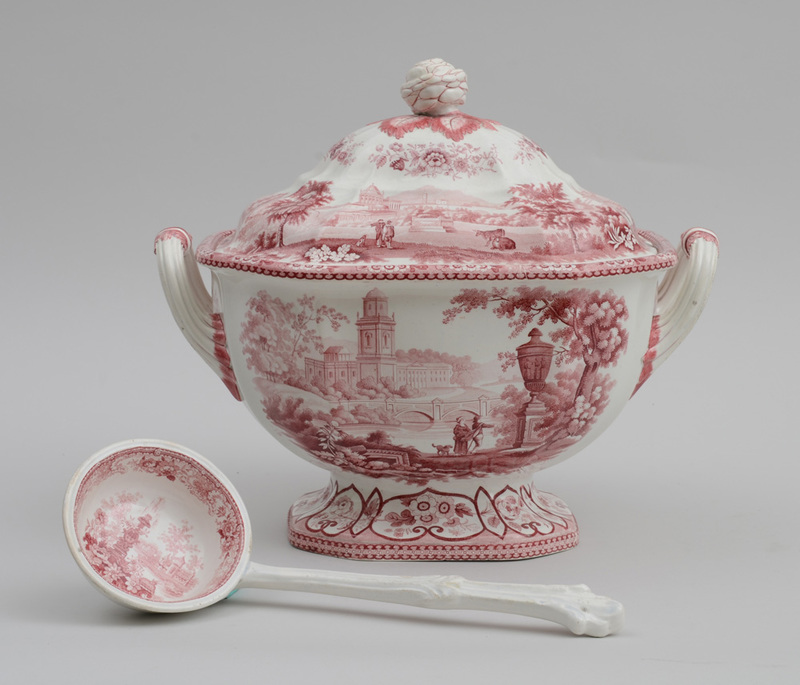 STAFFORDSHIRE RED-TRANSFER PRINTED TWO-HANDLED TUREEN AND COVER