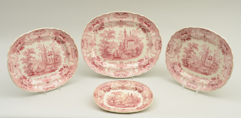 GROUP OF FOUR STAFFORDSHIRE RED TRANSFER-PRINTED GRADUATED PLATTERS PENNSYLVANIA, BY K.E. & CO.
