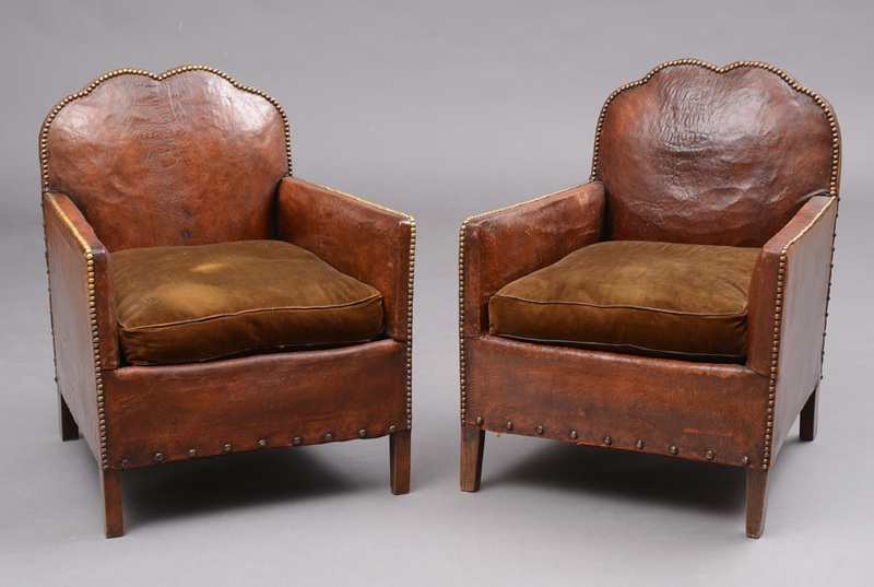 PAIR OF ART DECO BRASS STUDDED LEATHER AND VELVET ARMCHAIRS