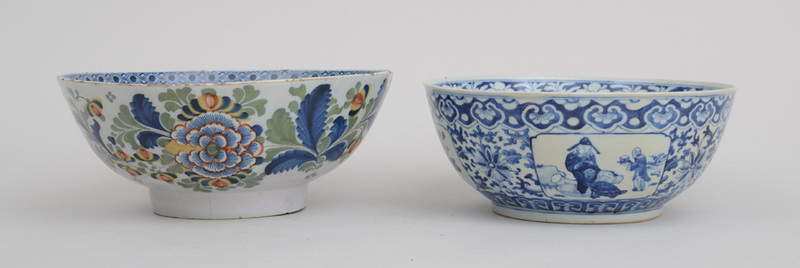 LIVERPOOL POLYCHROME DELFT PUNCH BOWL AND A CHINESE BLUE AND WHITE BOWL