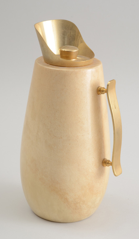 ALDO TURA ITALIAN BRASS-MOUNTED PALE WOOD COFFEE CARAFFE AND STOPPER AND A PARCHMENT-CLAD WOOD VASE