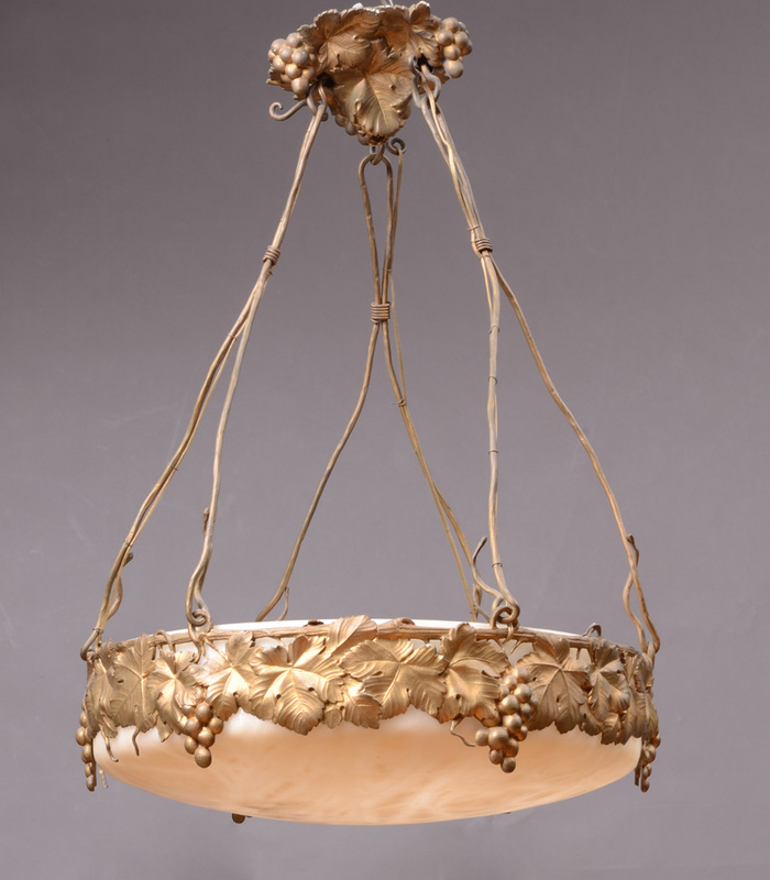 FRENCH GILT-METAL AND ALABASTER SIX-LIGHT CHANDELIER, IN THE MANNER OF ALBERT CHEURET (1884-1966)