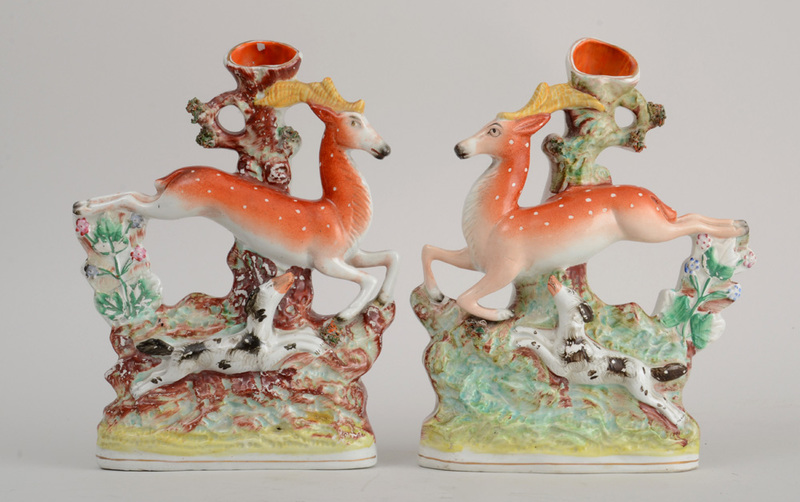 PAIR OF STAFFORDSHIRE RUNNING STAG AND HOUND VASES