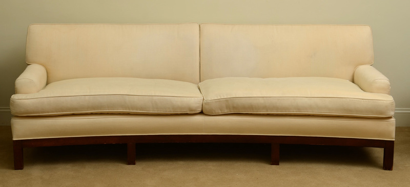 MODERN MAHOGANY AND LINEN UPHOLSTERED SOFA, IN THE MANNER OF ED WORMLEY