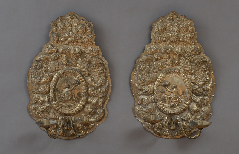 Pair of Continental Baroque Style Repoussé Brass Two-Light Sconces, Probably Dutch