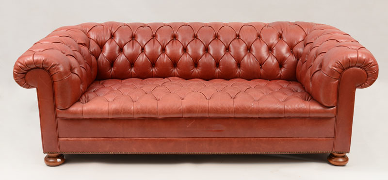 English Tufted Red-Leather Chesterfield Sofa