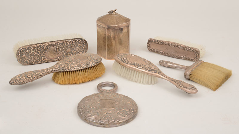 English Silver Octagonal Box and Cover, Five Silver-Backed Brushes and a Dressing Mirror