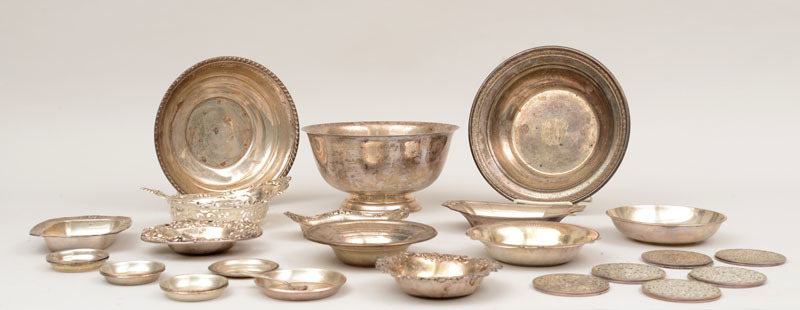 Group of Twenty American Silver Table Articles, a Salt Spoon and Twelve Silver-on-Glass Coasters