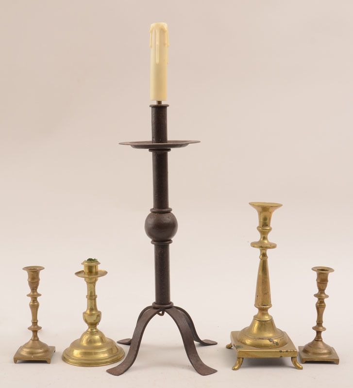 Baroque Style Wrought-Iron Candlestick Lamp and Four Brass Candlesticks