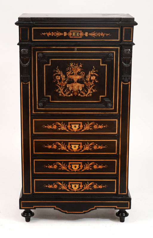 Victorian Maple and Fruitwood Marquetry-Inlaid Ebonized Fall-Front Secretary