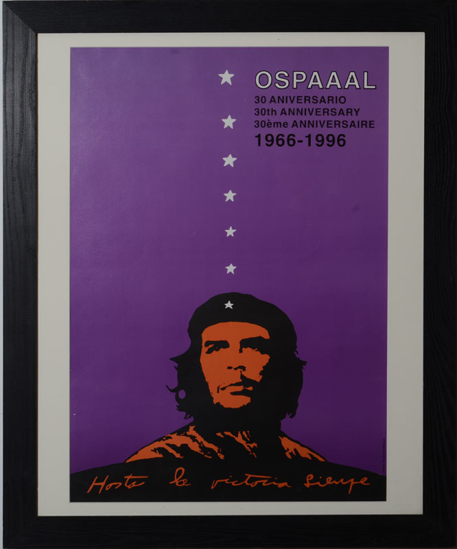 Framed Che Guevara Poster, an Elian Gonzalez poster, and a Burnt Wood Hanging Plaque of Fidel Castro