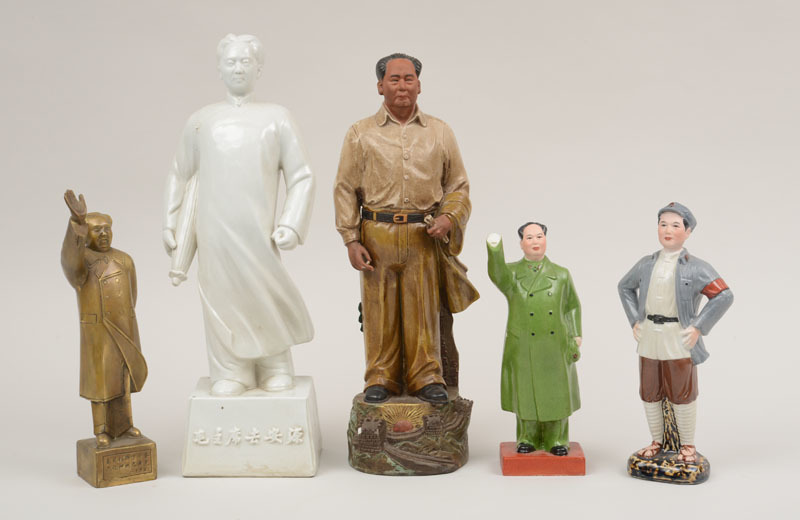Four Chinese Cultural Revolution Pottery Figures of Mao and a Brass-Clad Figure