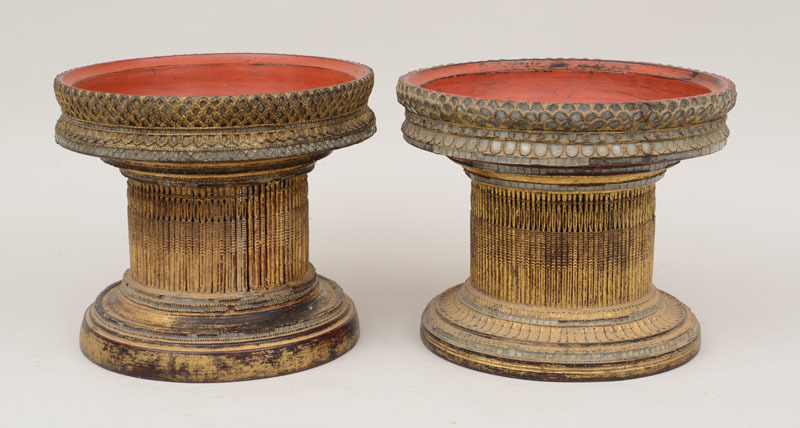 Two Similar Burmese Glass-Inset Giltwood Stemmed Bowls