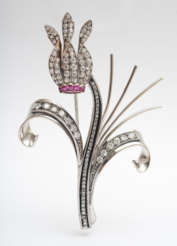 RHODIUM-PLATED 14K WHITE GOLD, DIAMOND AND RUBY FLOWER-FORM BROOCH