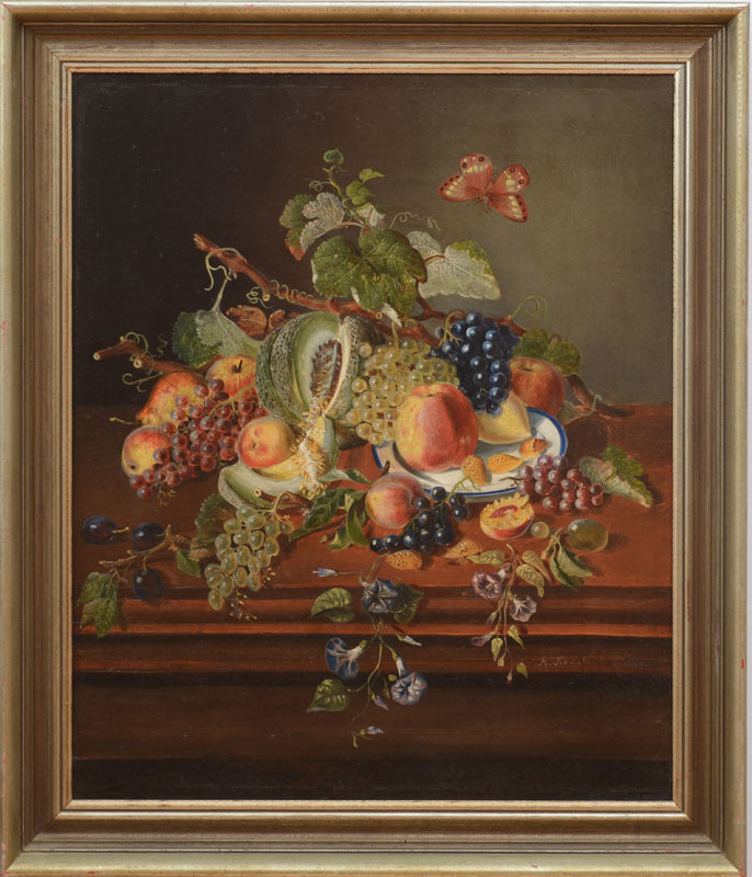 A. SCHMAHL: STILL LIFE WITH FRUIT AND MORNING GLORY