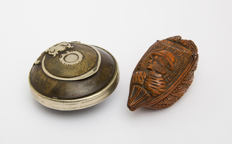 CARVED WOOD NUT-FORM SNUFF BOX AND A SILVER-PLATE-MOUNTED WOOD SNUFF BOX