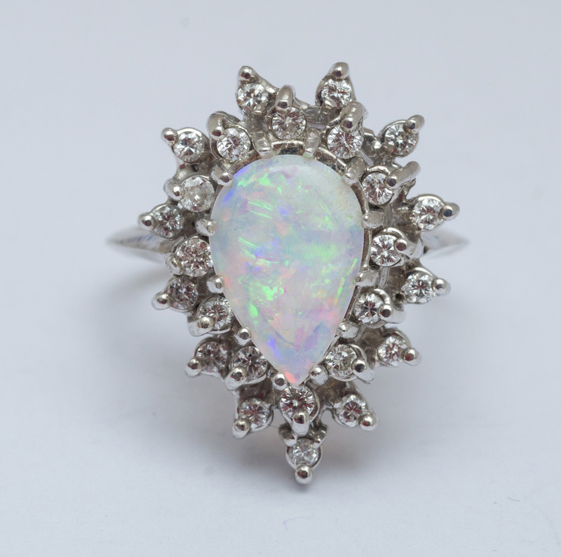 14K WHITE GOLD OPAL AND DIAMOND CLUSTER RING