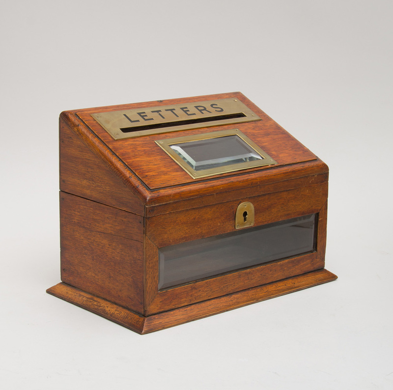 ENGLISH BRASS-MOUNTED OAK LETTER BOX